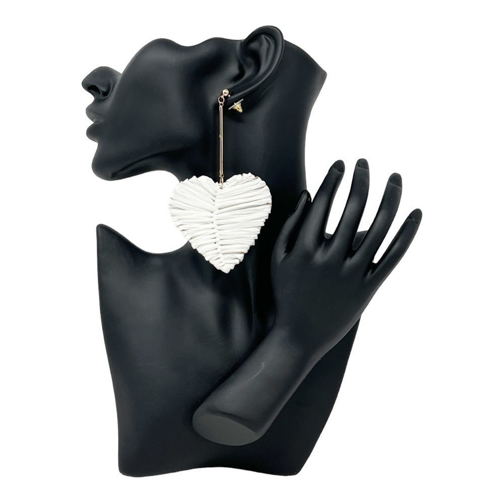 Raffia Heart Drop Earrings, White & Gold Tone